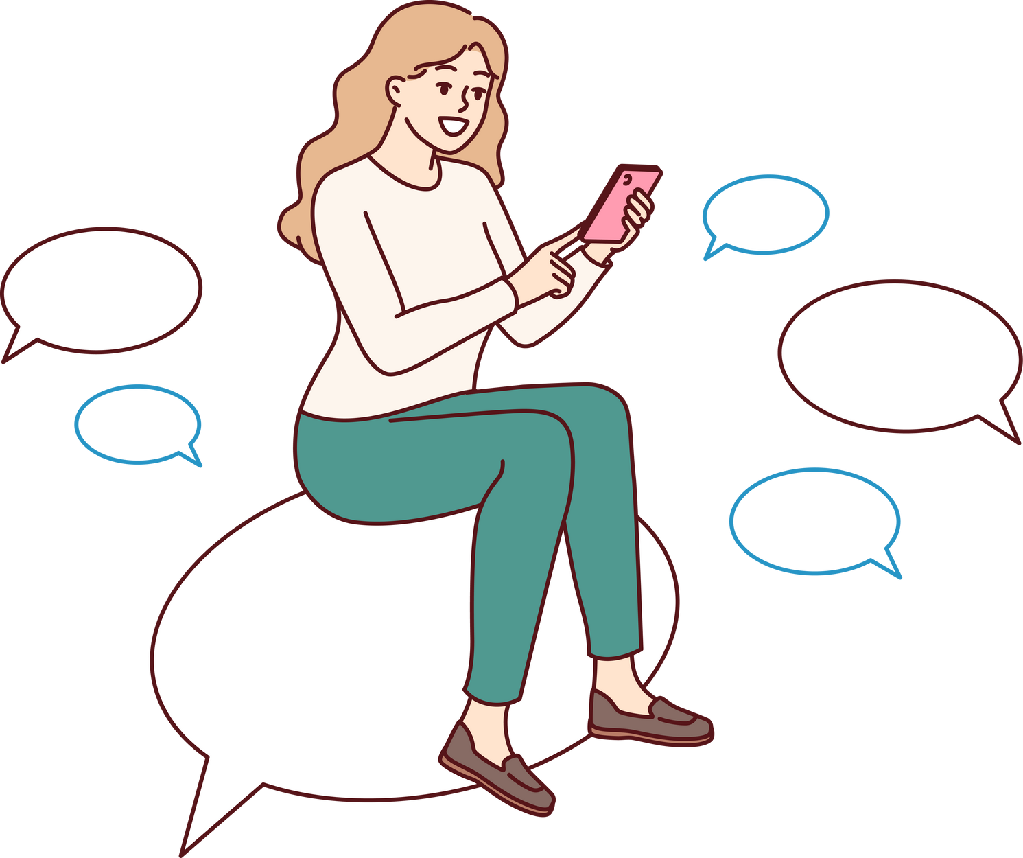 Woman is chatting on mobile phone, sitting on speech bubble and typing SMS or comment on social networks. Girl chatting using messenger applications for smartphones with ability to send messages